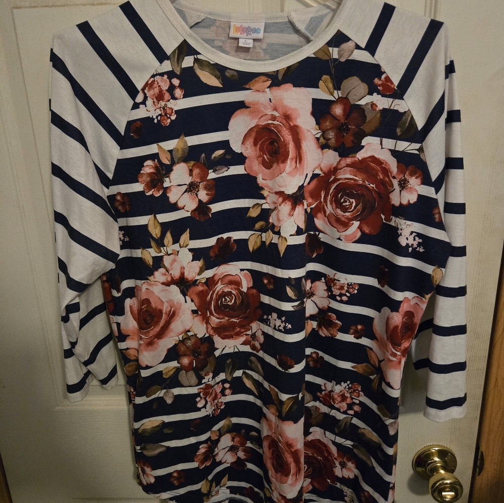 LuLaRoe Raglan Striped & Flowers Shirt